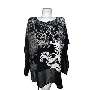 travelers by CHICO'S Top XL (3) Black Ivory Beige Scrolls Chiffon Accent Kimono